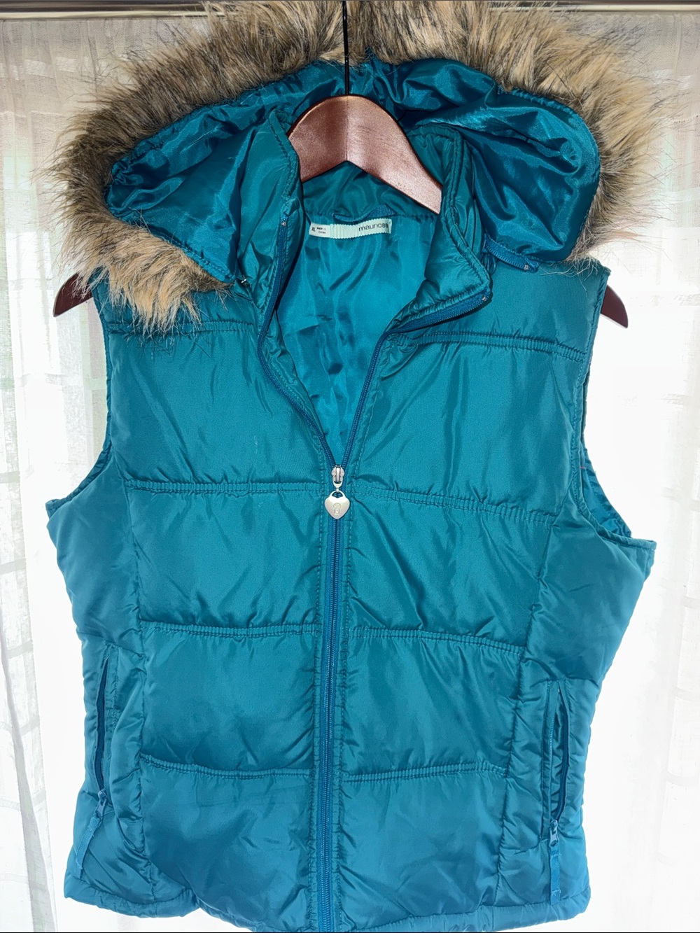 Maurices Teal Quilted Puffer Vest with Faux Fur Trim